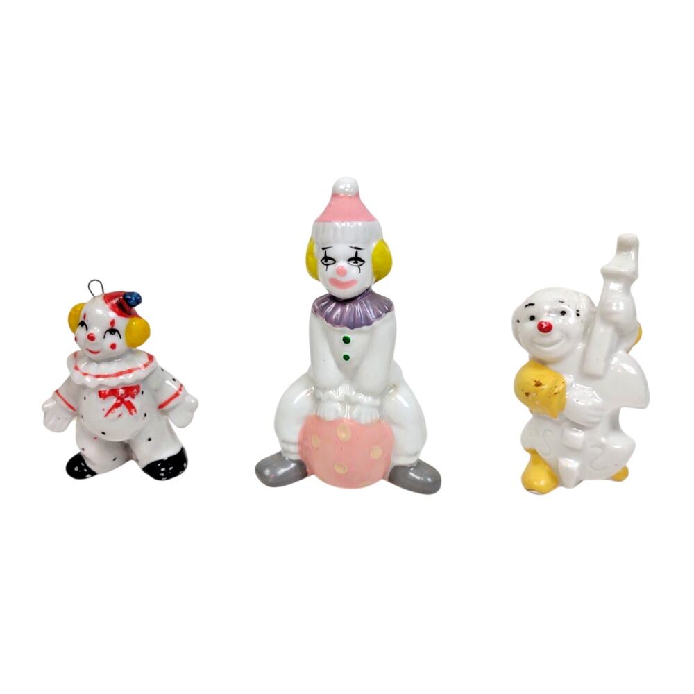 Lot of 3 Vintage Retro Clown Figures Ceramic Porcelain Small Polka Dot Violin